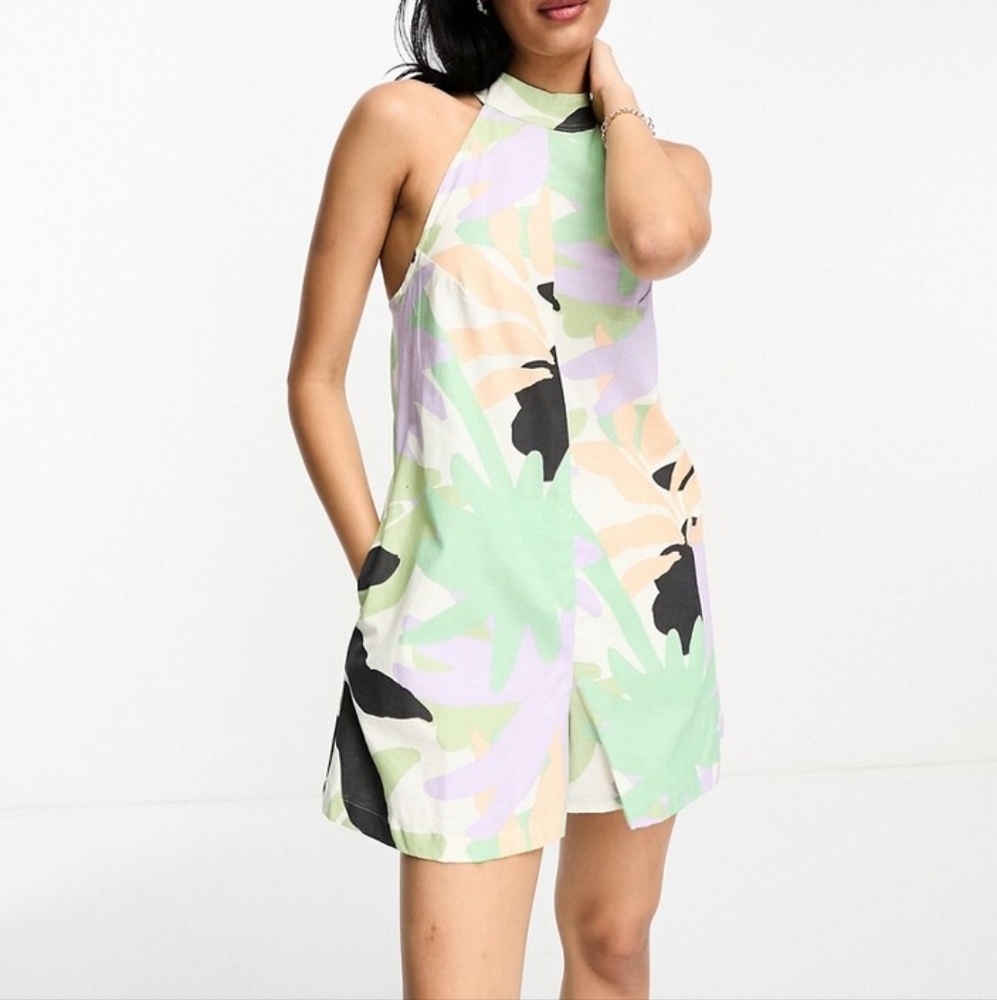 ASOS DESIGN linen look halter a line romper in abstract tropical print